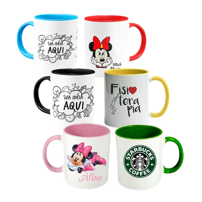 CANECAS DE PORCELANA BRANCA PERSONALIZADAS COM INTERIOR E ALÇAS COLORIDAS